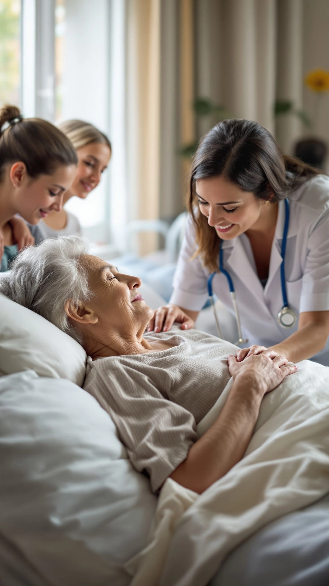 Hospice nurse supporting a terminally ill patient with comfort and compassion.