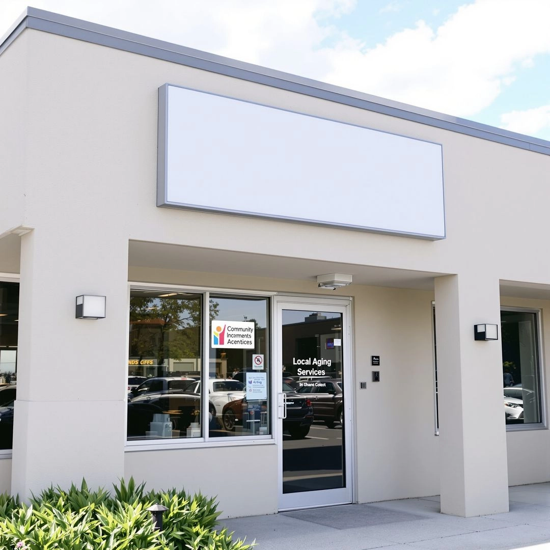 Community office building symbolizing local Area Agencies on Aging and senior service organizations.