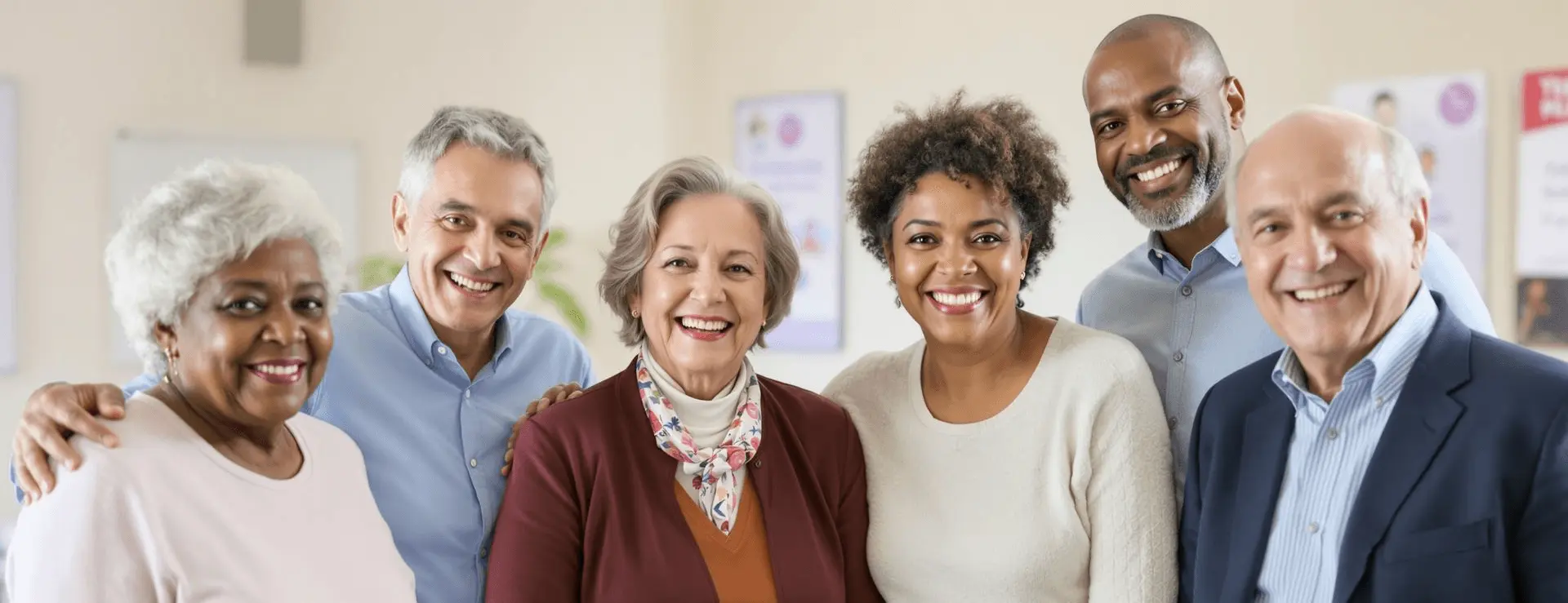 Smiling seniors and caregivers meeting with an aging services representative in a welcoming community setting.