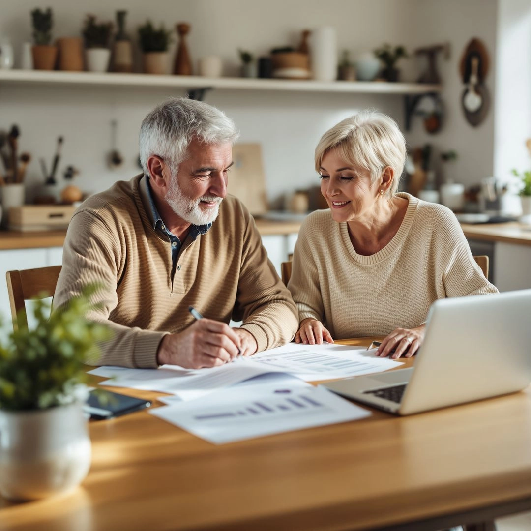 Older couple reviewing finances and savings plan at home to manage expenses and protect assets.
