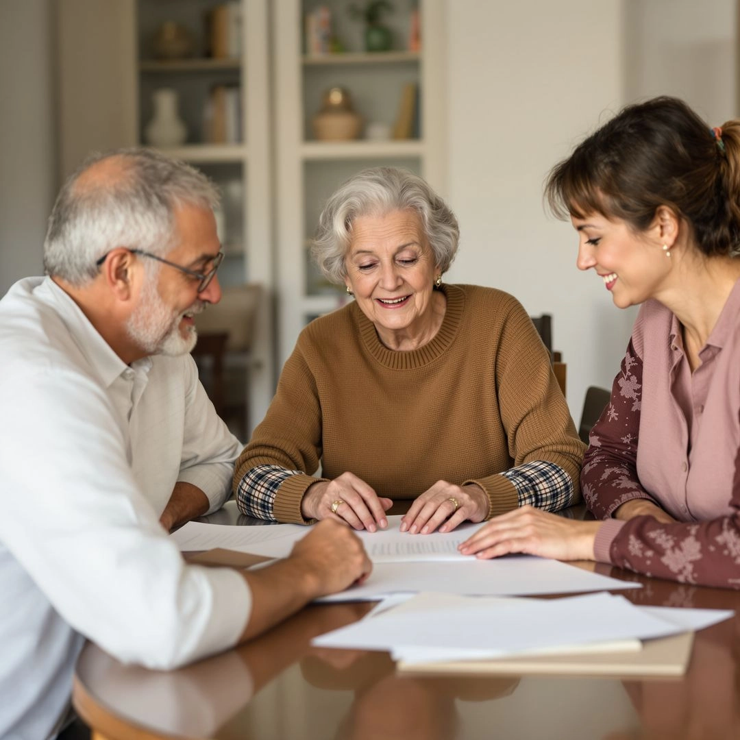 Senior discussing estate plans and document organization with adult children.
