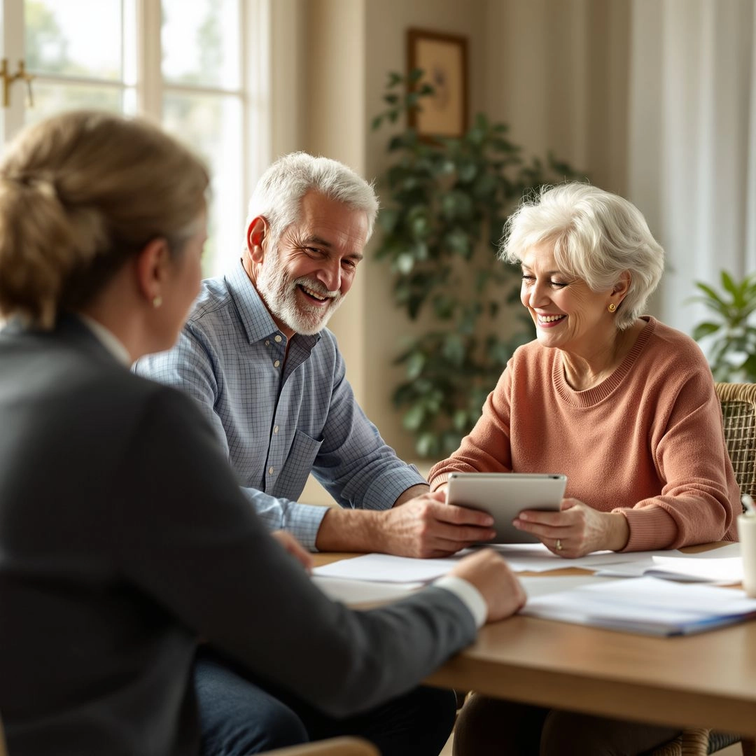 Older adults reviewing Medicare coverage documents and healthcare options together at home.