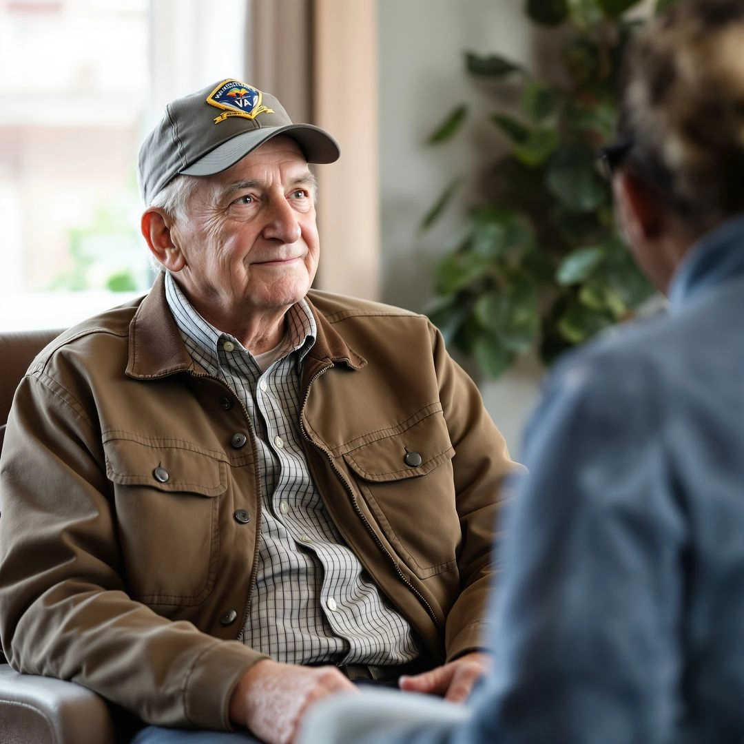 Senior veteran meeting with VA counselor to discuss long-term care and service-related benefits.