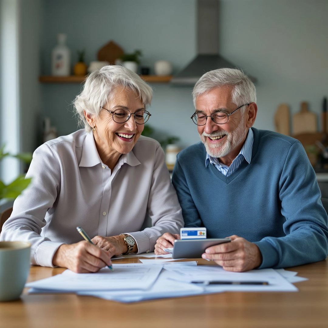 Older adults reviewing Medicare coverage documents and healthcare options together at home.