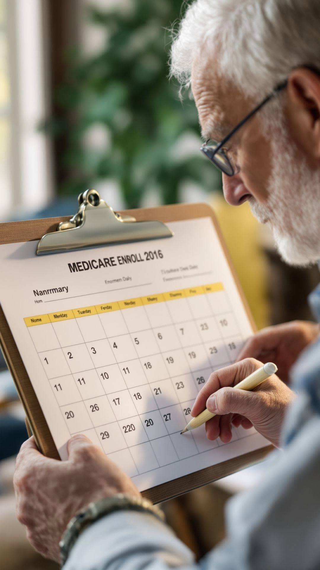 Senior man marking Medicare enrollment dates on a calendar at home, planning his coverage timeline.