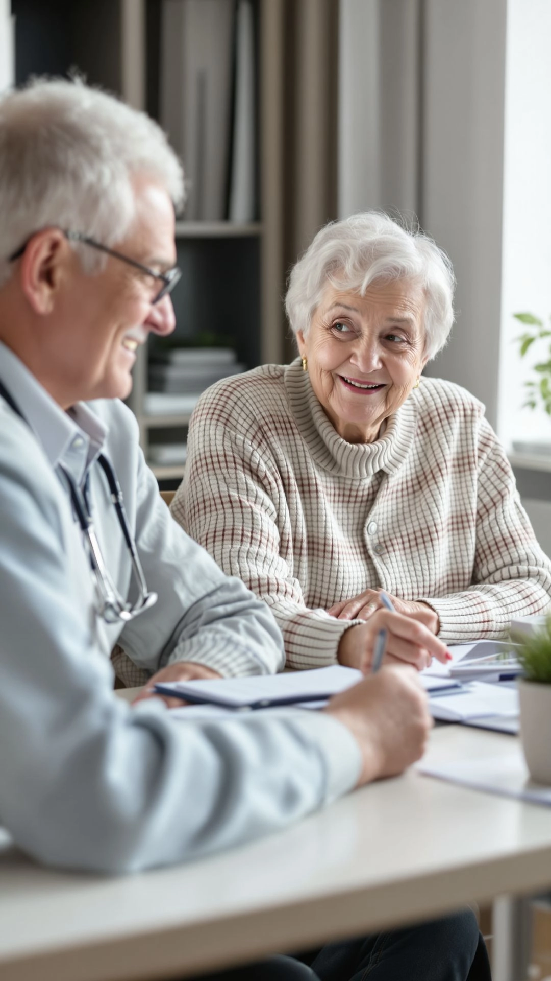 Elderly couple reviewing Medicare cost details with a healthcare advisor in a bright office setting.
