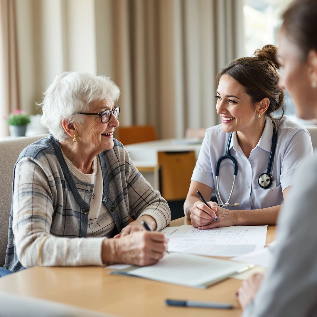 Senior woman discussing Medicare Advantage nursing home coverage with a representative and nurse in a care facility.