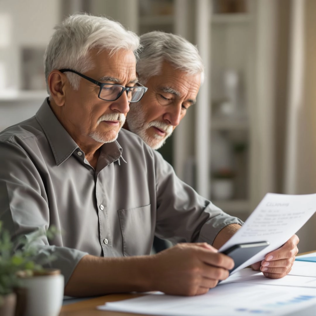 Senior man reviewing reverse mortgage closing costs and fee documents at home.