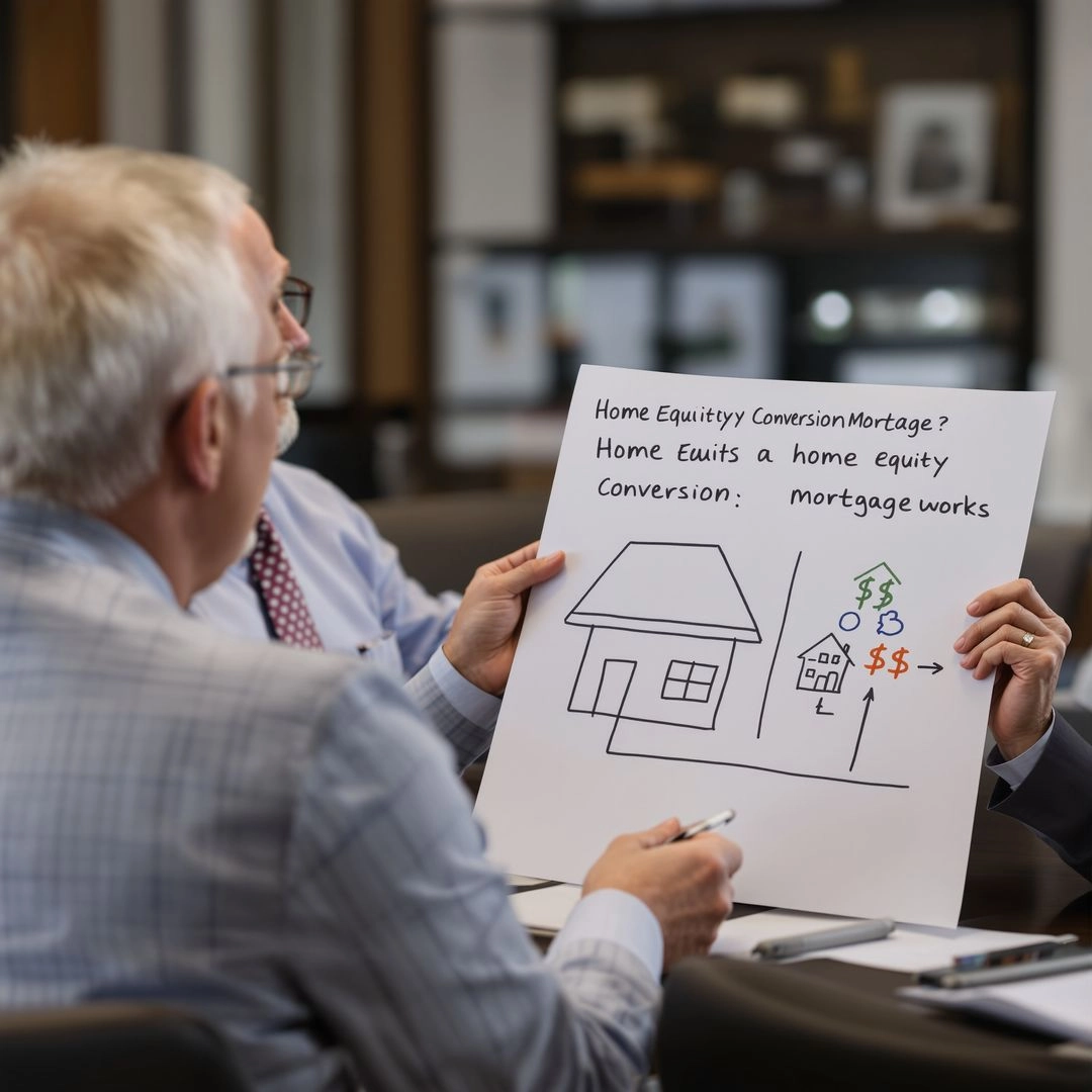 Financial advisor explaining the mechanics of a HECM reverse mortgage to a senior homeowner.