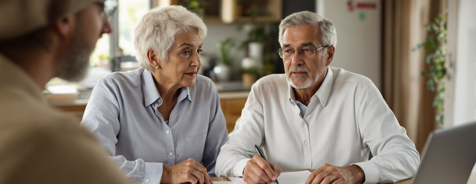 Senior couple meeting with a financial advisor to discuss Medicaid long-term care planning and asset protection.