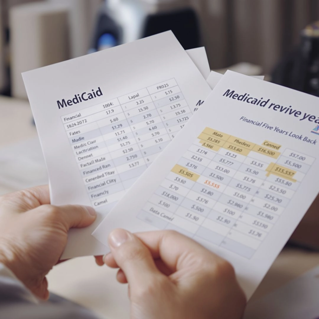 Financial documents showing Medicaid five-year look-back and penalty review.