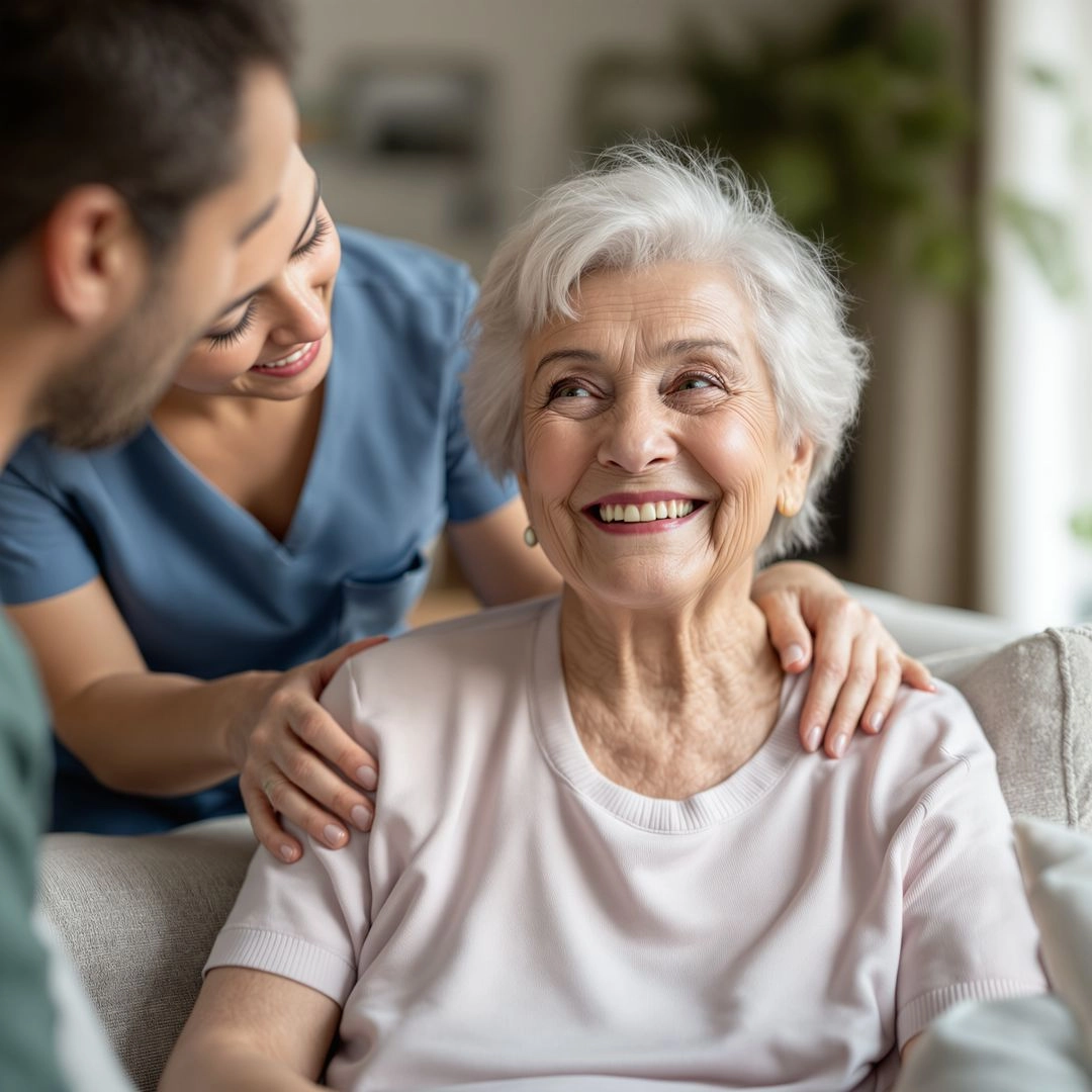 Senior woman receiving home care support, representing benefits of long-term care insurance.