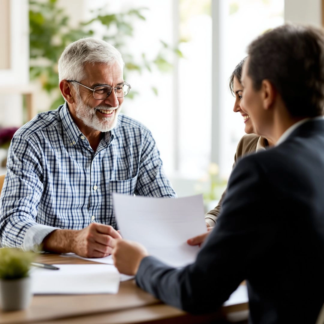 Senior couple reviewing long-term care insurance options with a financial advisor.