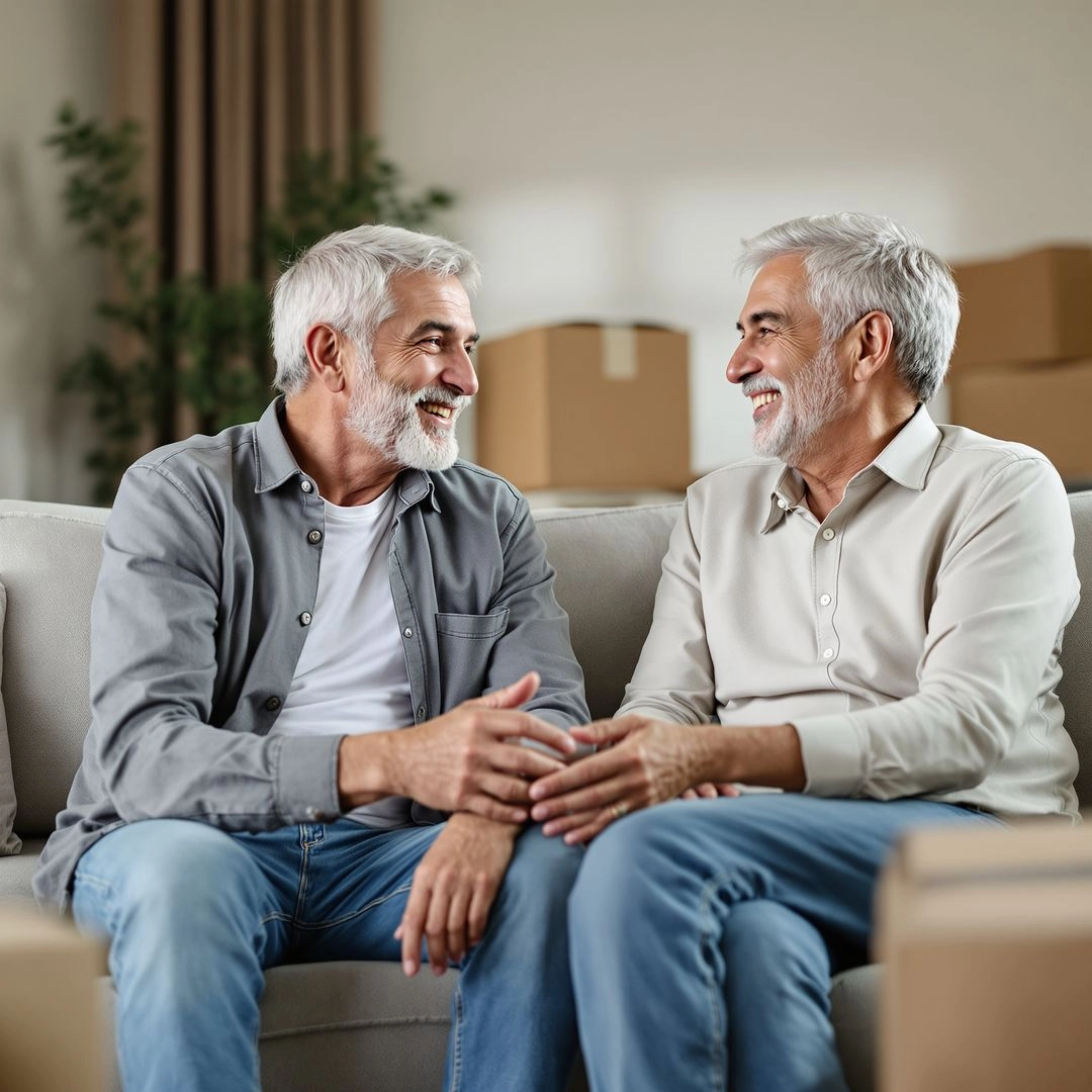 Senior couple discussing relocation plans and deciding if moving is right for them.