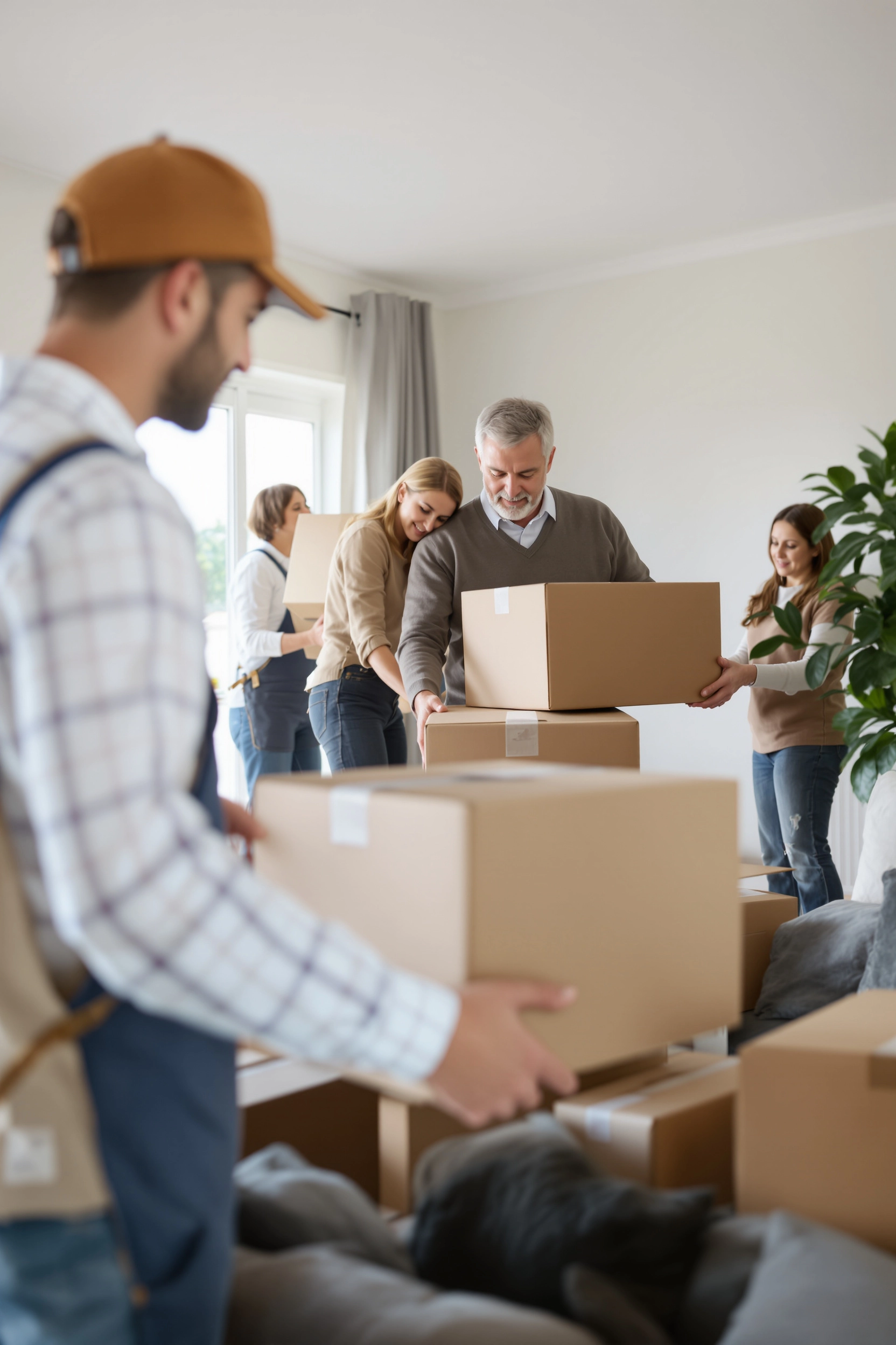 Senior couple working with a professional moving team following a clear relocation process.