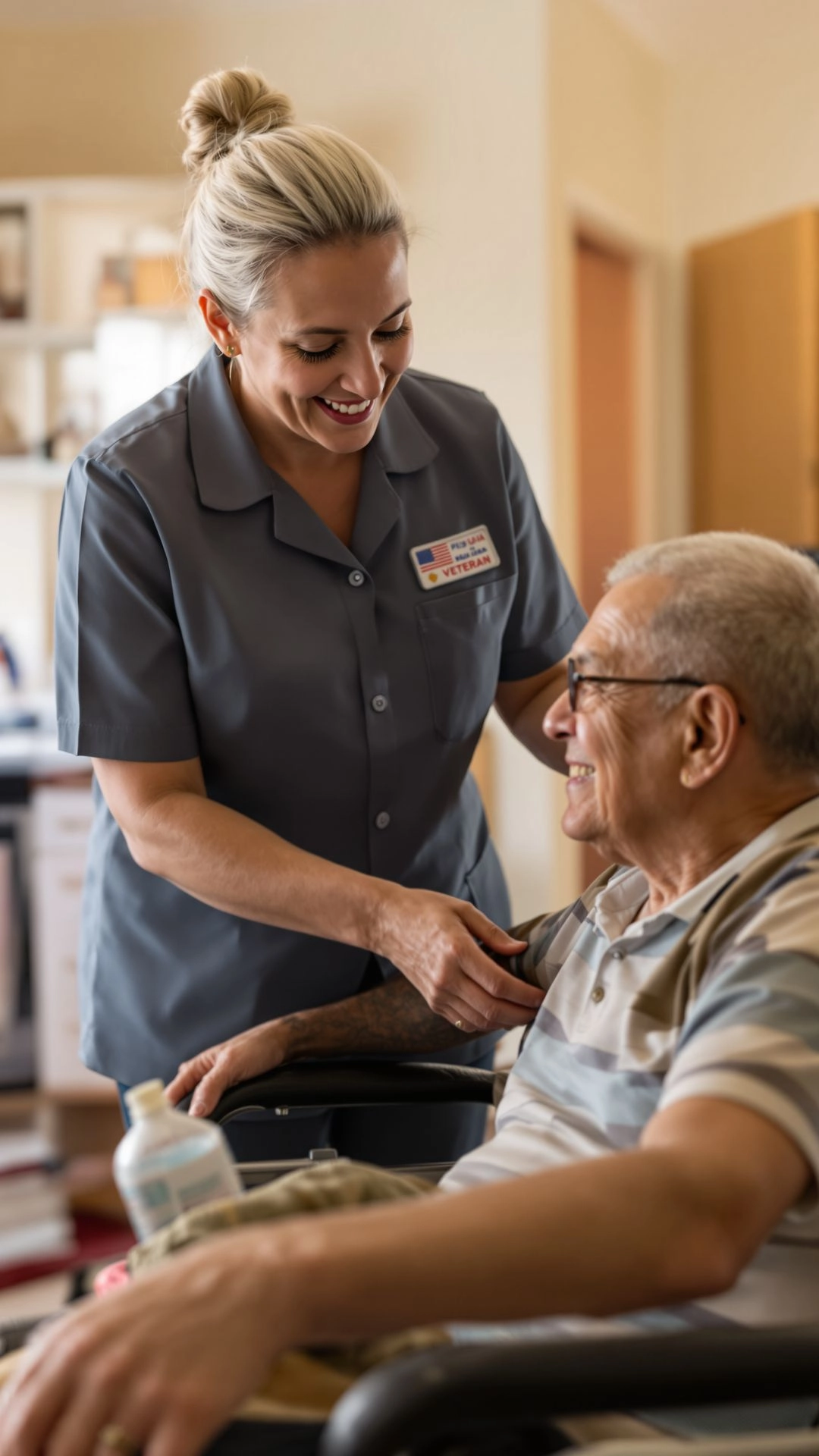 A veteran being assisted at home by a family caregiver, demonstrating support with daily activities such as bathing, dressing, and mobility, highlighting eligibility for VA caregiver support.