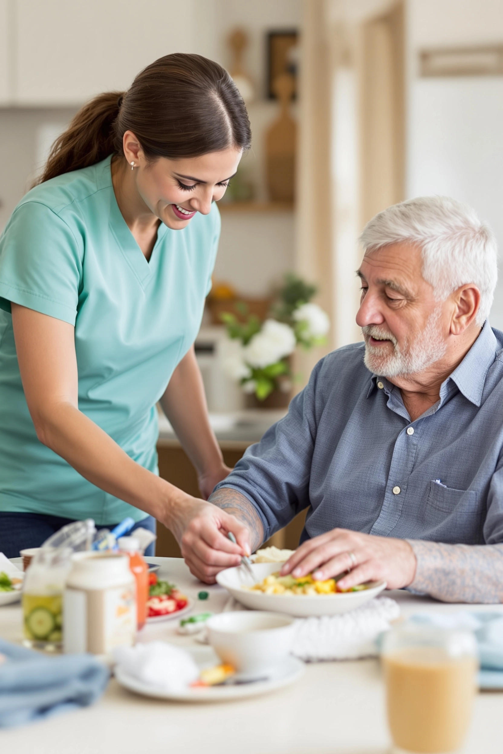 A family caregiver helping a veteran with daily tasks like meals, medications, and housekeeping, illustrating how VA benefits support in-home care.