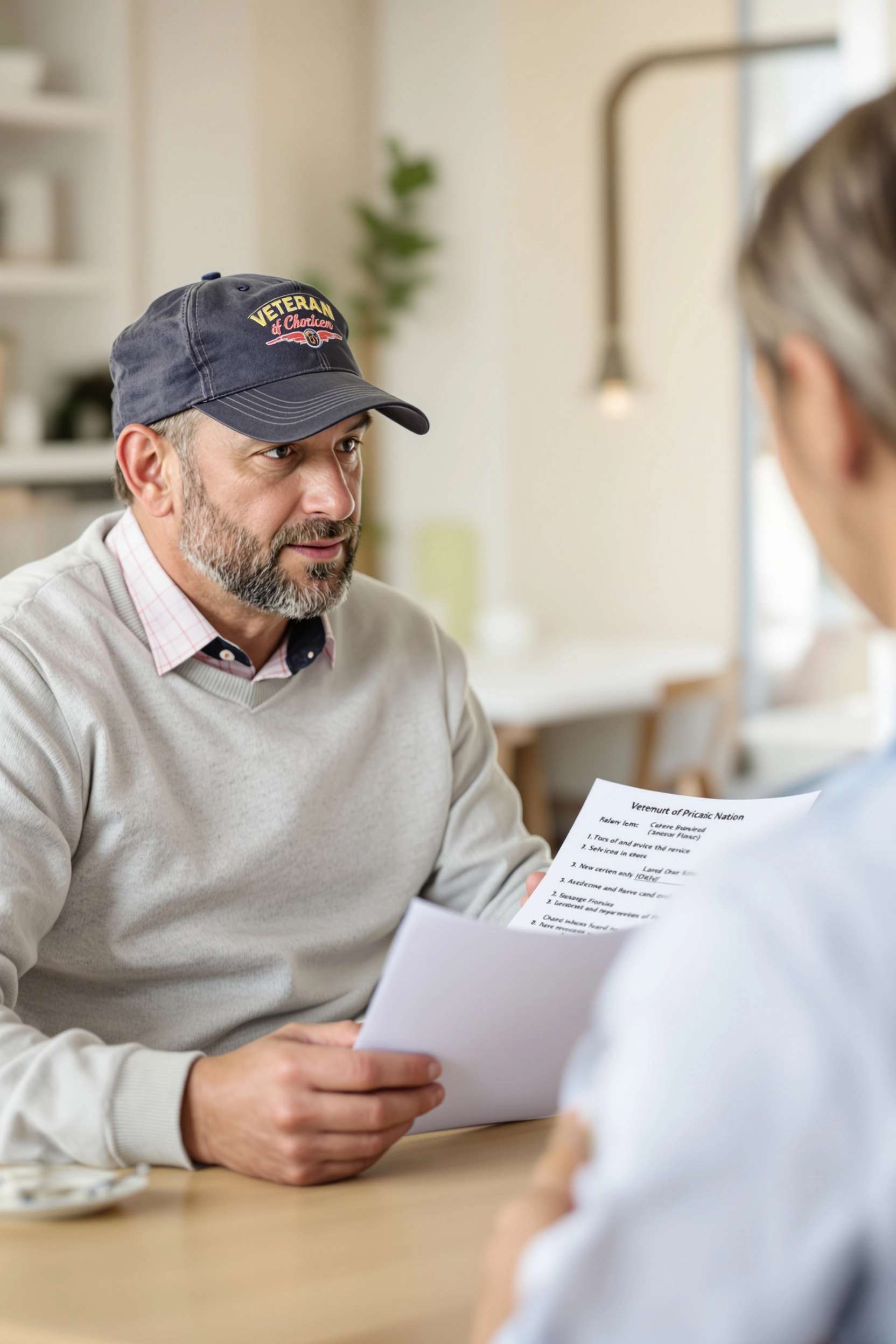 A veteran and caregiver reviewing documents at home, representing eligibility check for Veterans Pension and Aid & Attendance or Housebound benefits.