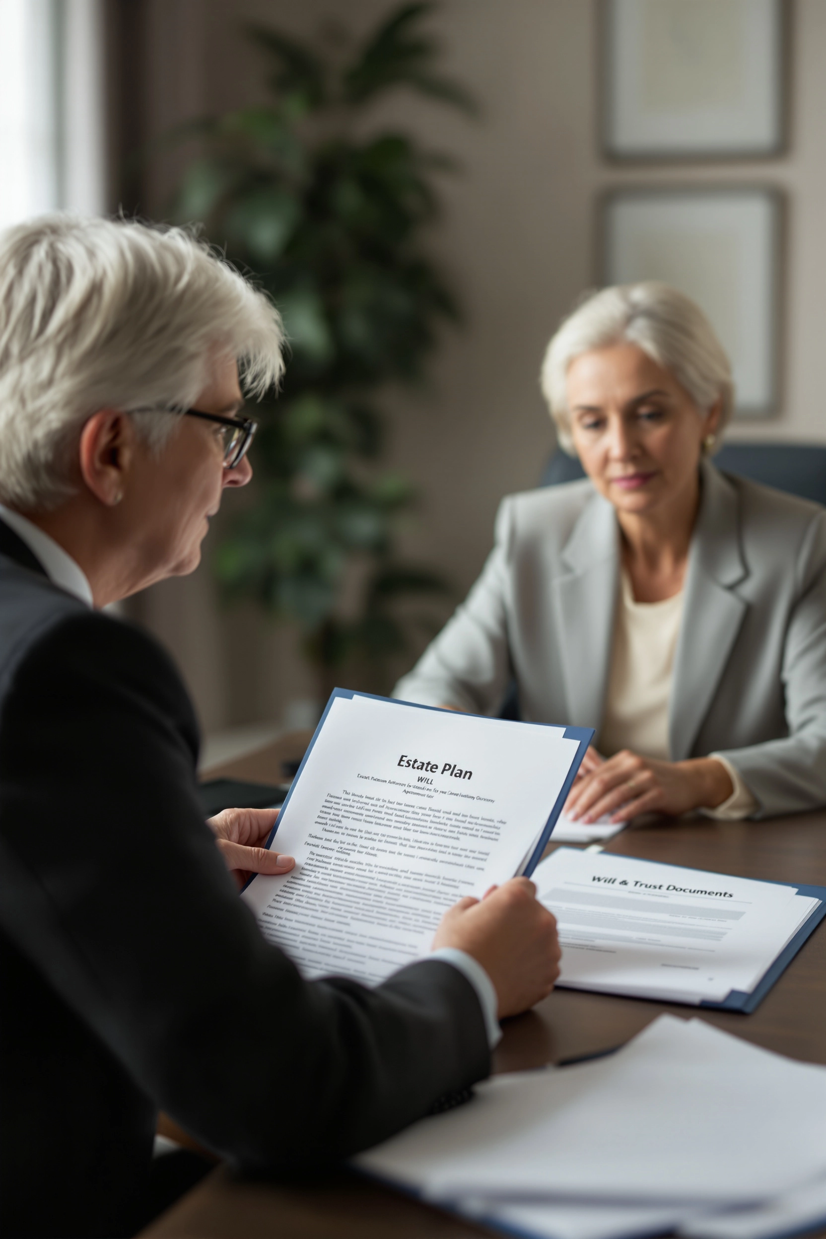 Estate planning attorney helping a senior organize wills, trusts, and beneficiary designations for future security.