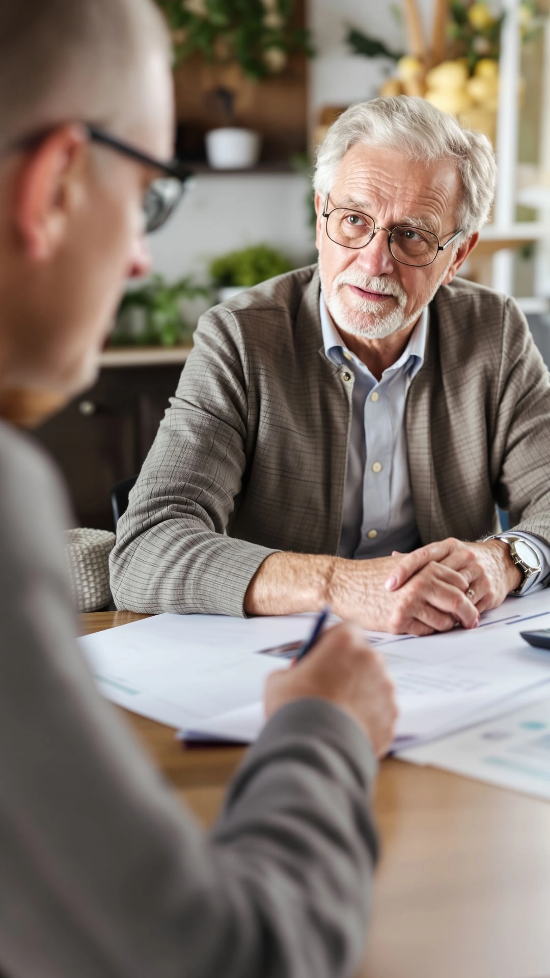 A senior adult meeting with an insurance advisor to discuss final expense and guaranteed issue life insurance, showing planning for funeral costs and health limitations.