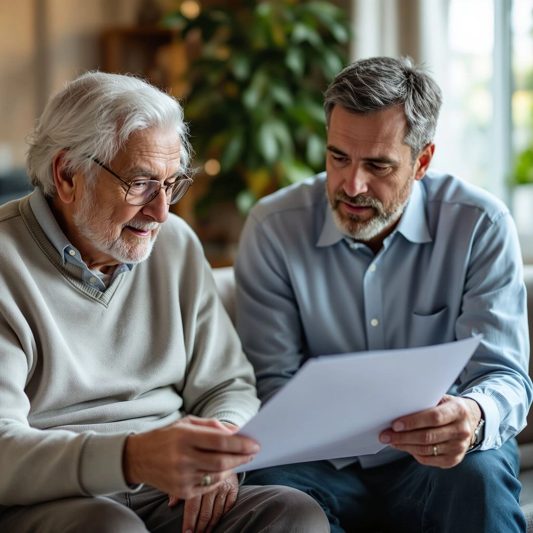 An older adult and family member reviewing funeral preplanning documents at home, representing careful planning of wishes and reducing emotional and financial burden.