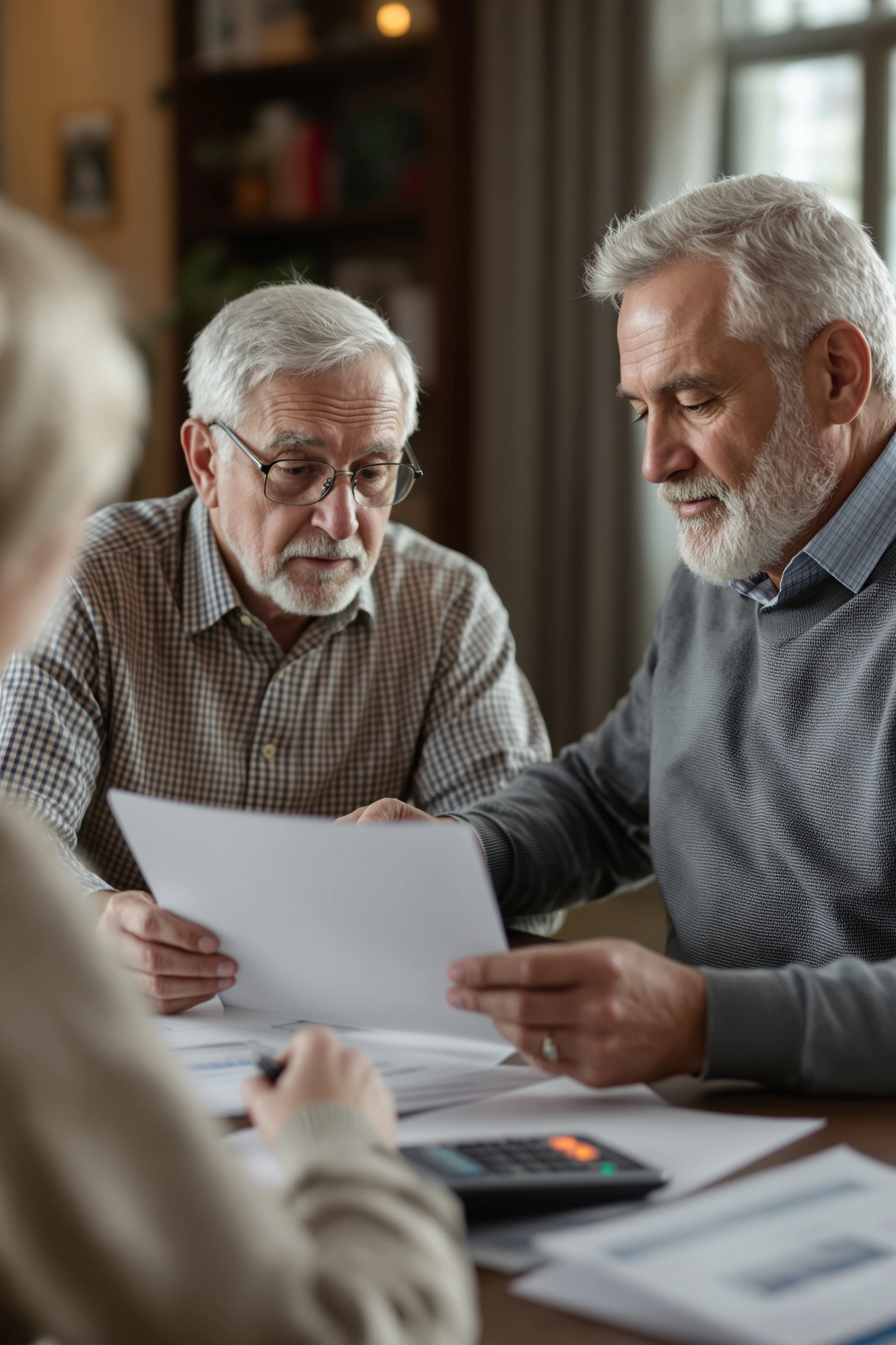 Senior man discussing Medicaid income eligibility and financial paperwork with an advisor.