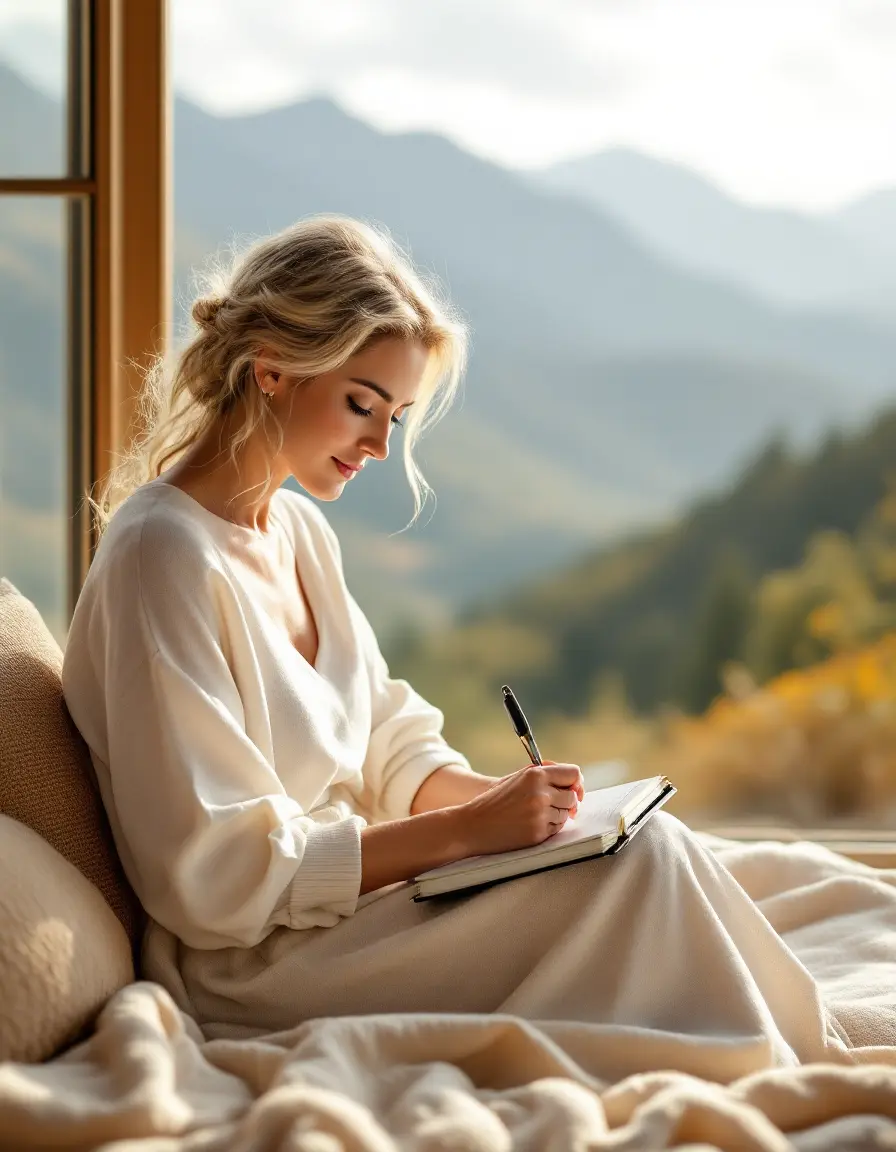 A Woman sitting at a window seat writing her story