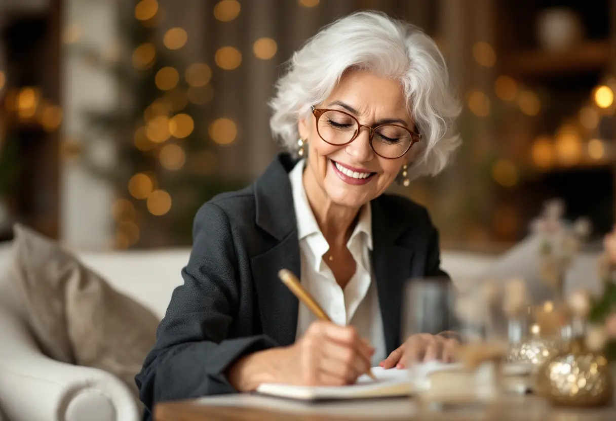 Gray haired, happy woman editing her book
