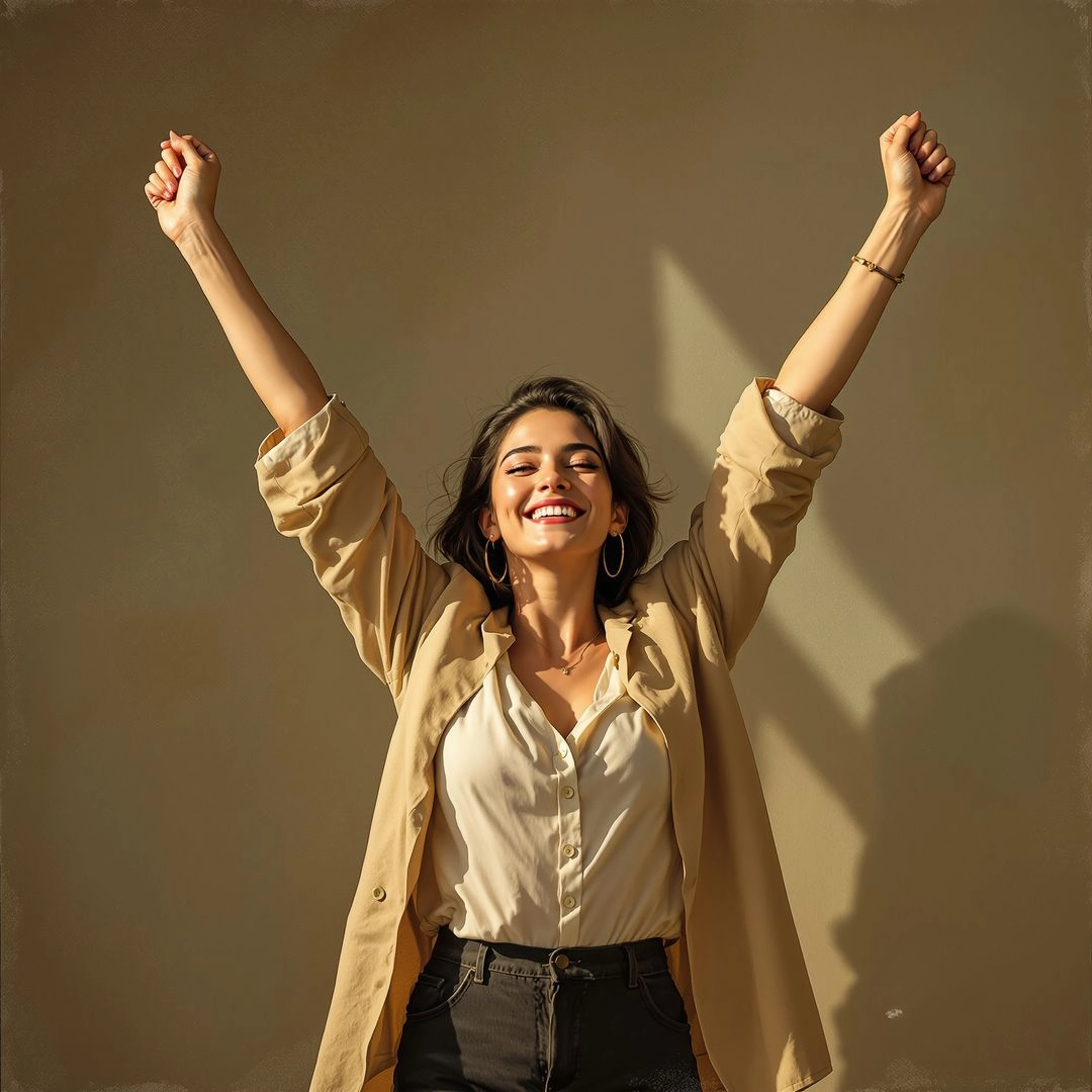 A woman with her hans in the air standing triumph