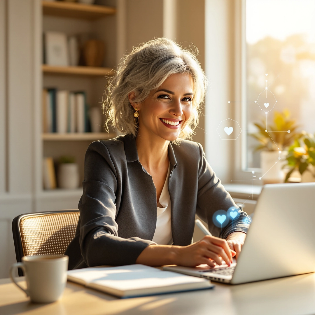 Women at her computer smiling as she works on her book