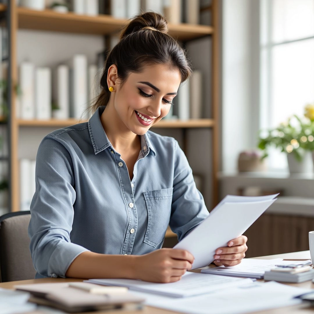 A woman looking over her book draft.
