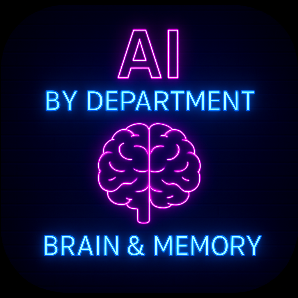 Neon text AI by Department with a glowing brain icon labelled brain and memory, representing AI agents with intelligence and long term memory across business teams.