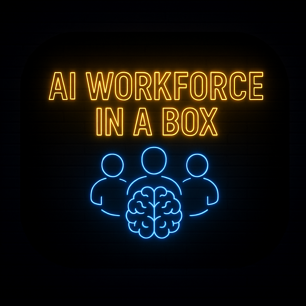Neon sign reading AI Workforce in a Box with three AI agent icons connected to a brain, showing automated sales, service and operations employees powered by artificial intelligence.