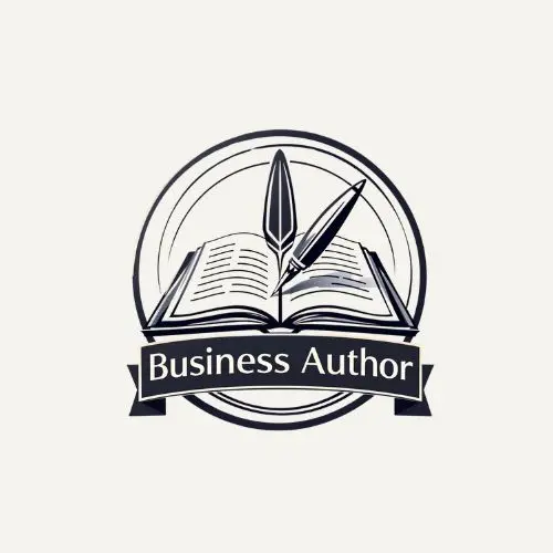 Logo for Business Authority featuring an open book and feather quill.