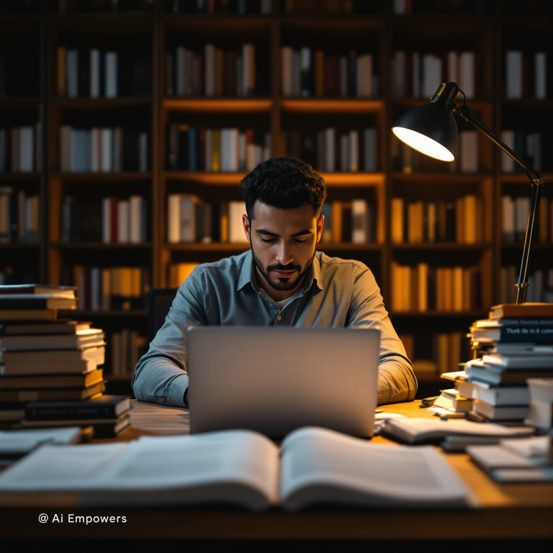 Man sitting in an office working late on his laptop in front of bookshelves
