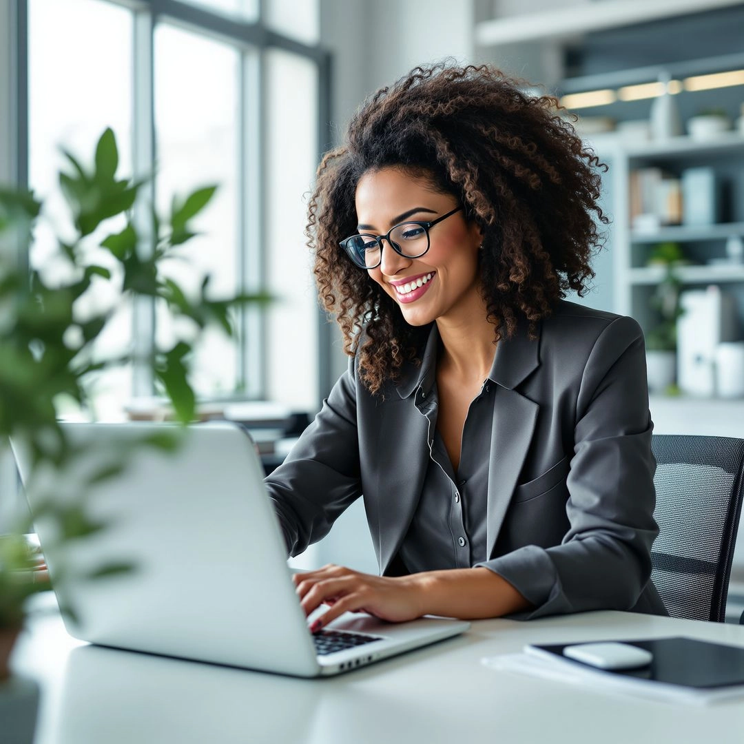 A modern, female confident entrepreneur working at a laptop with an AI interface in a bright, professional office setting.