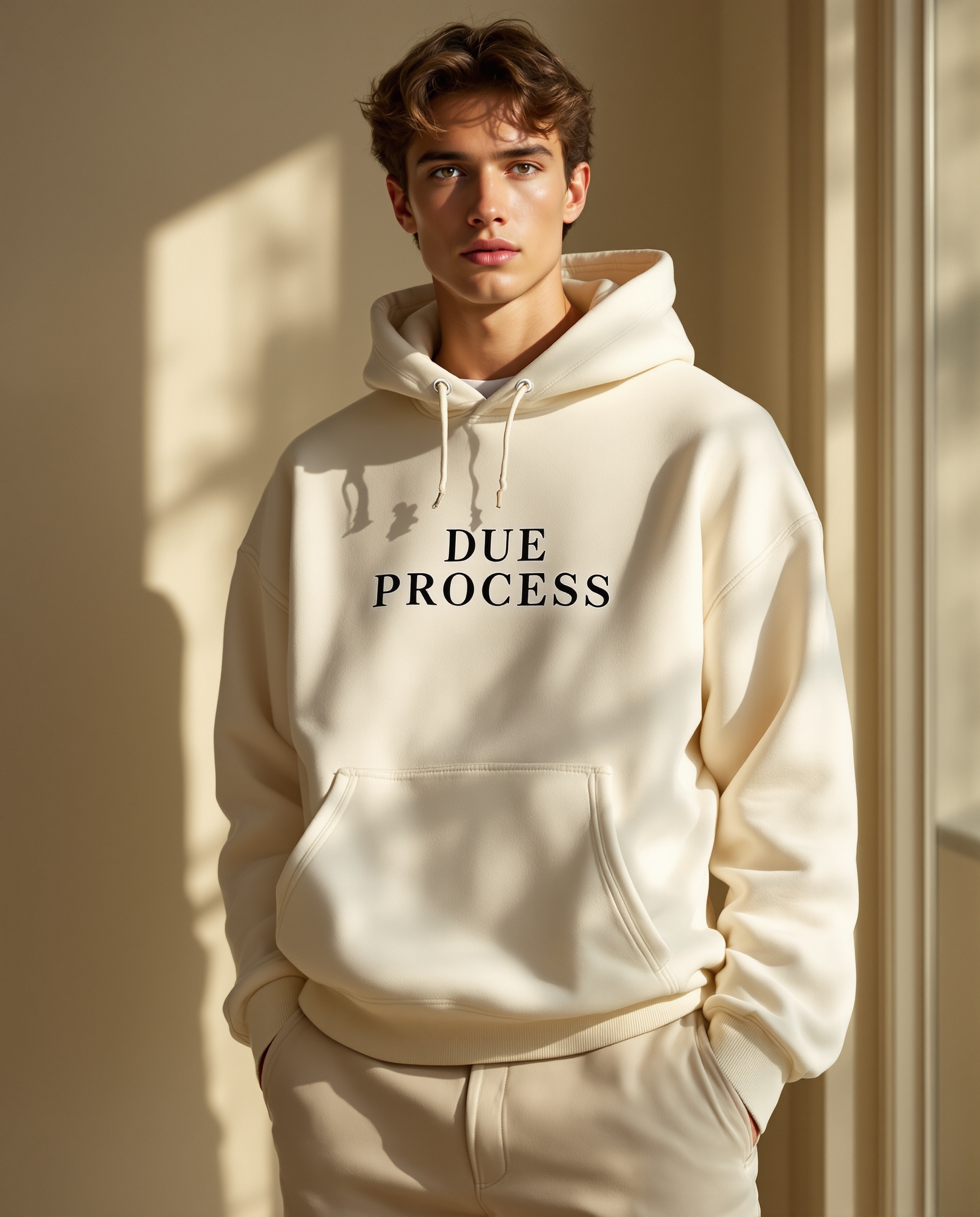 Minimal luxury cream hoodie reading Due Process, ethical fashion supporting immigrant legal defense