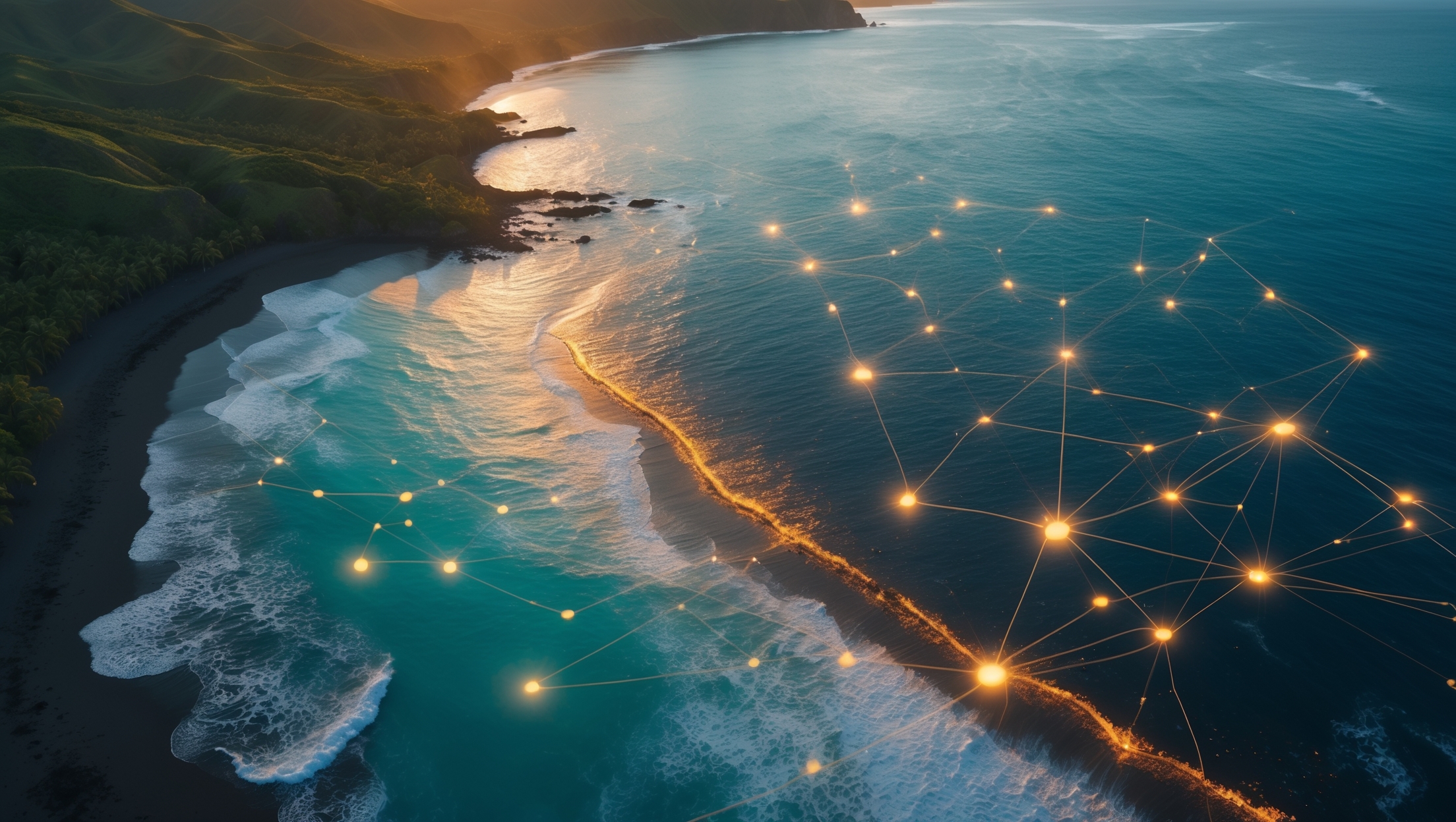 Aerial view of a Hawaiian coastline at golden hour with glowing AI network nodes spreading across the ocean, representing digital visibility and off-site authority in AI-powered search