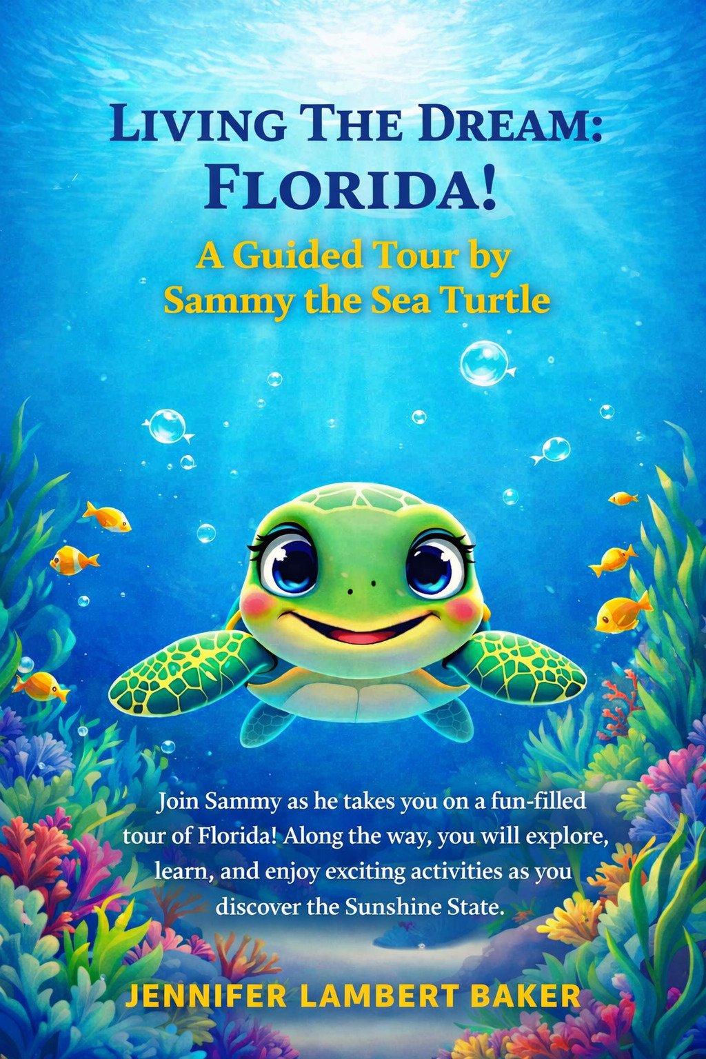 Florida kids book Living the Dream Florida Sea turtle picture book,  Sammy the Sea Turtle, Children's book author Jennifer Lambert Baker, Florida children's picture book, Sea turtle kids book, Florida kids tour book, best Florida children's picture book, educational sea turtle kids book, Florida travel guide for kids, Buy Florida kids picture book, Order sea turtle kids book, Buy Florida kids travel guide
