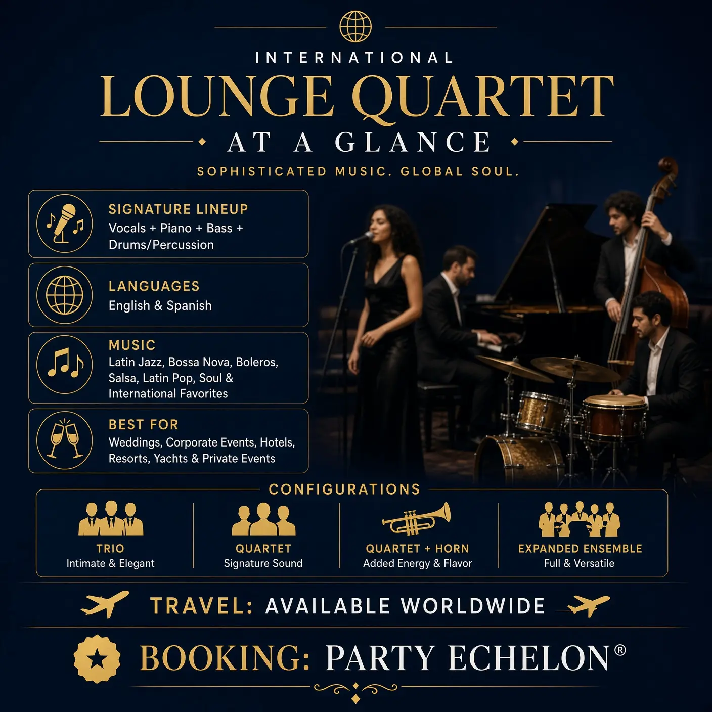 International Latin lounge quartet performing live cocktail entertainment