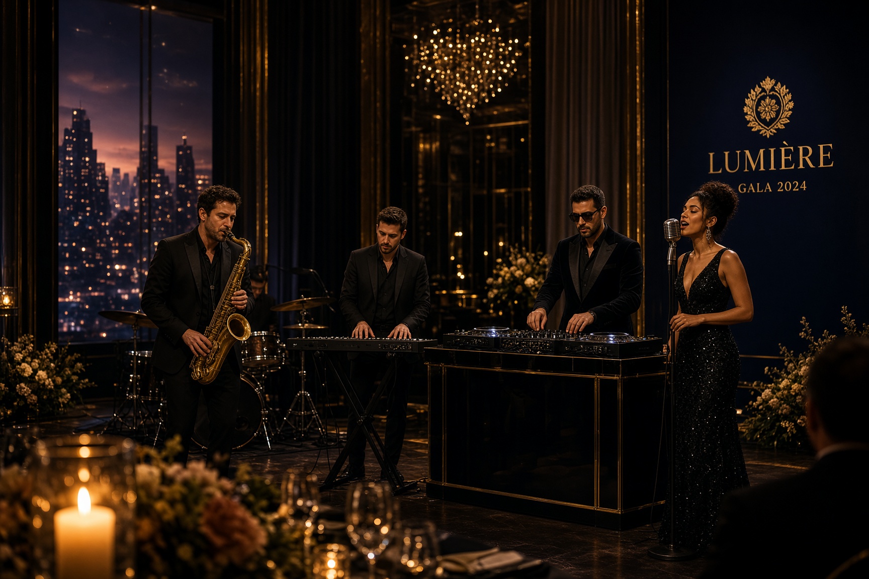Live band and DJ performing together at a luxury event