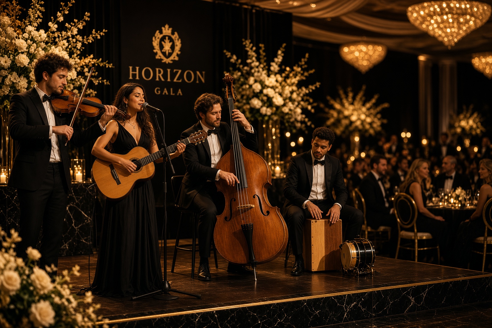 Acoustic musicians performing live during an elegant cocktail reception