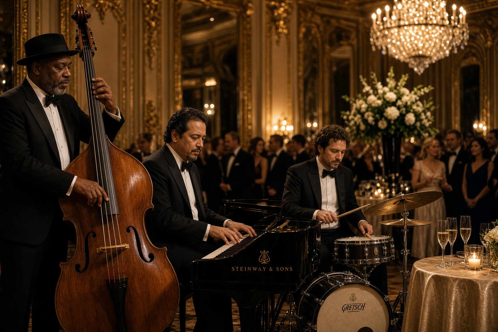 Jazz trio performing sophisticated cocktail music at a luxury event
