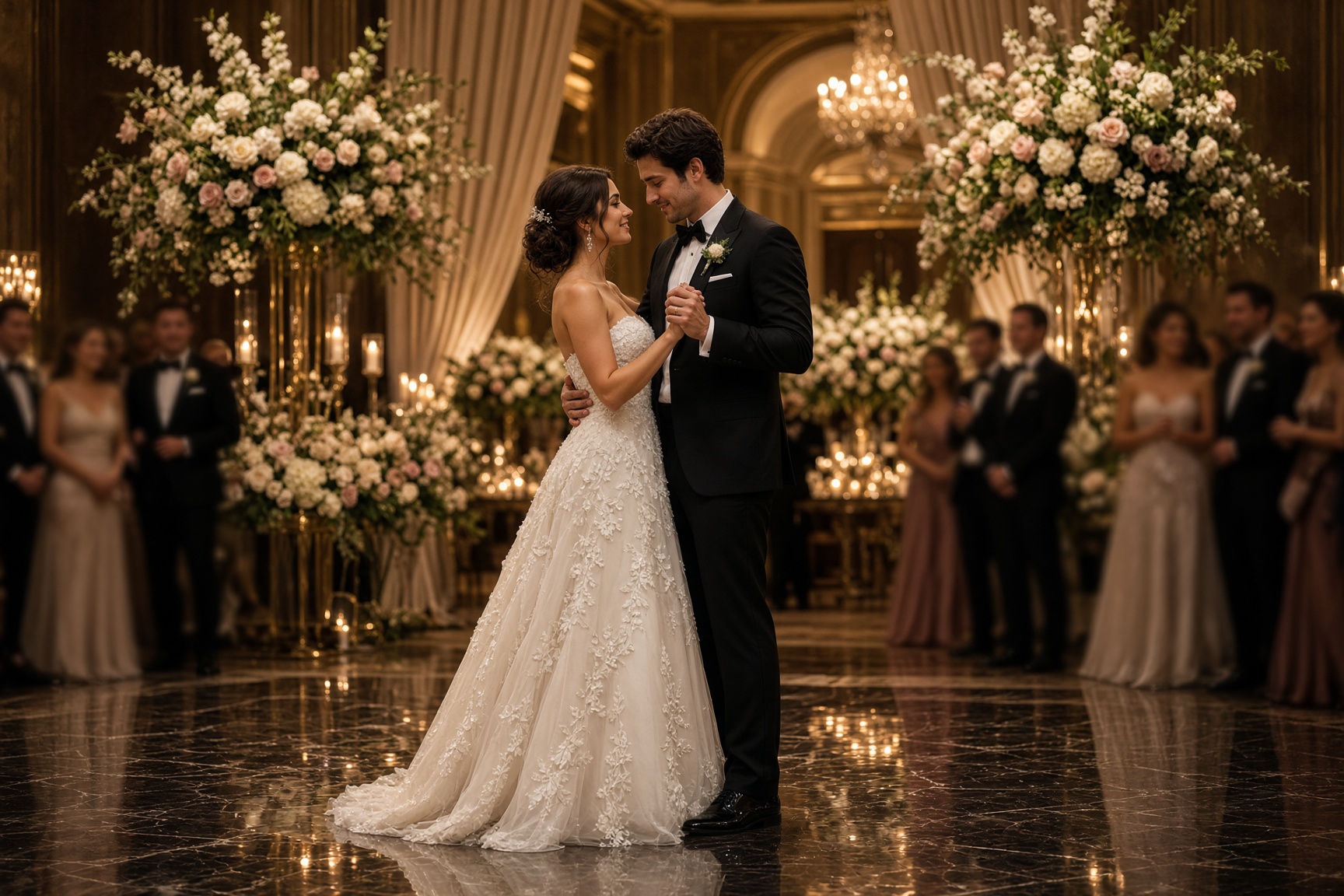 Bride and groom sharing their first dance at a luxury wedding reception