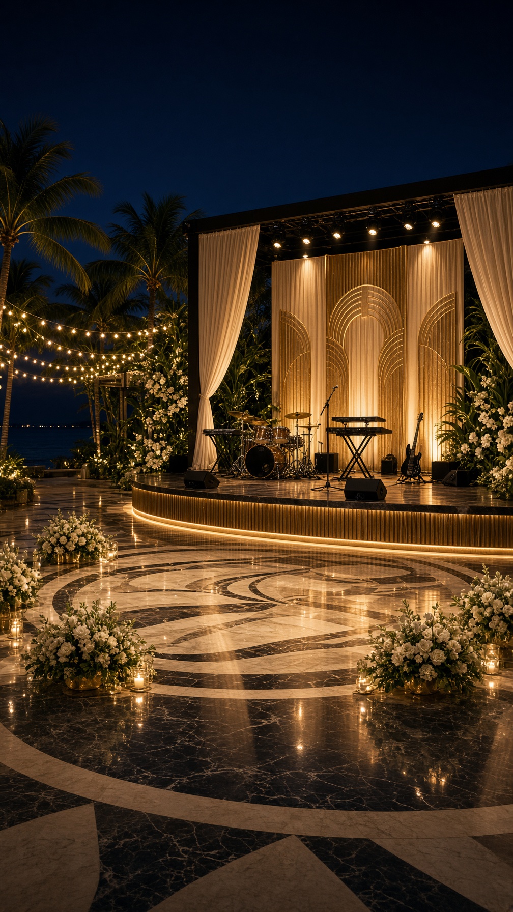Professional band stage sound and lighting setup at a corporate event