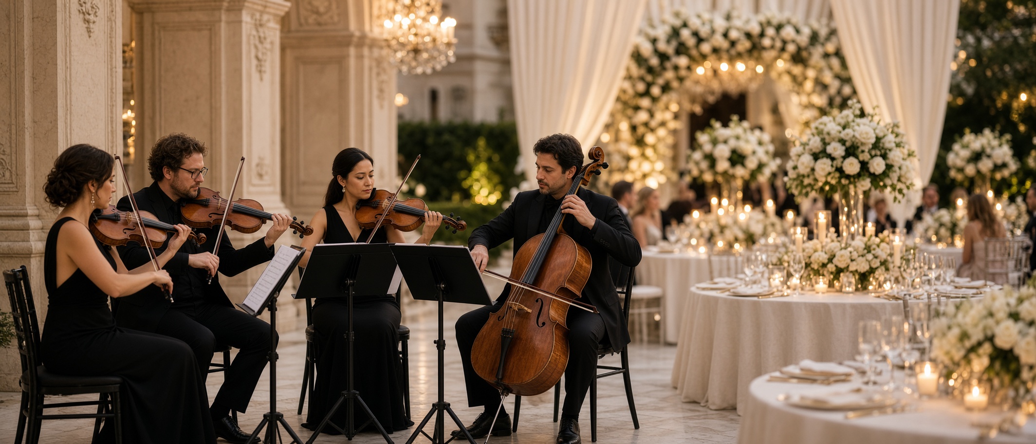 Live string ensemble performing elegant dinner music for a wedding