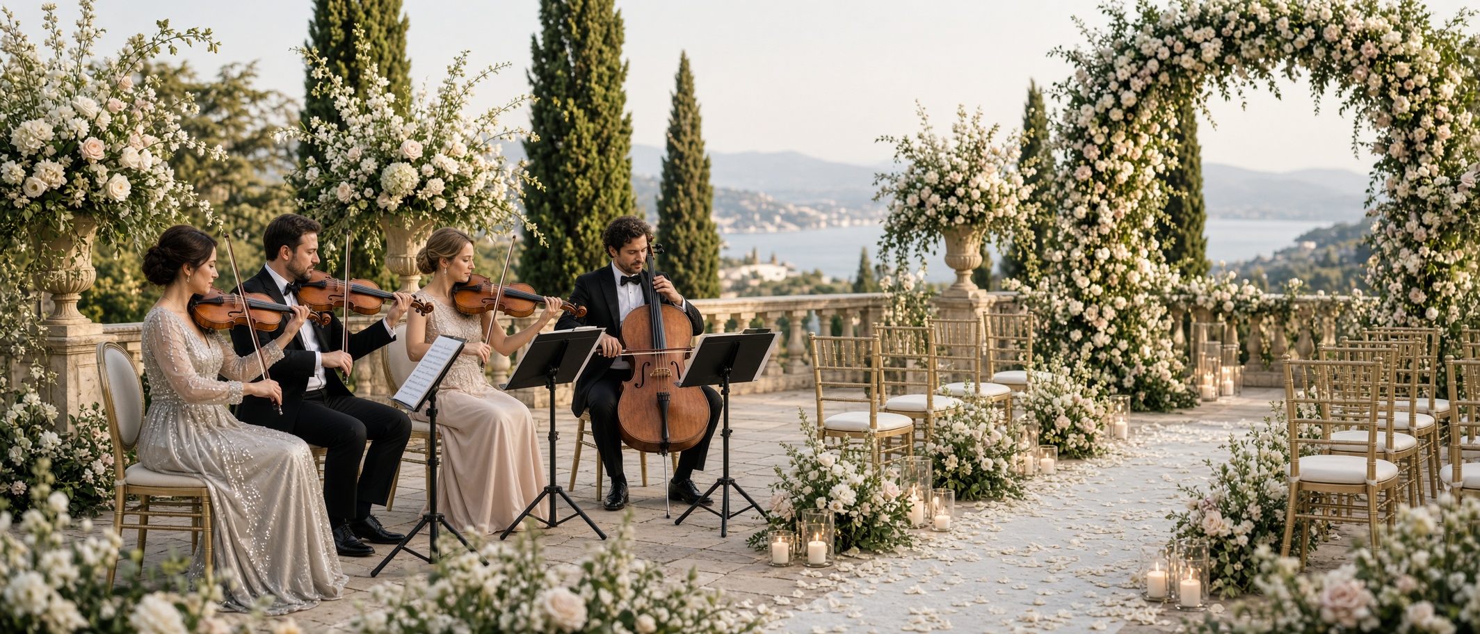 String quartet performing live music for a luxury wedding ceremony