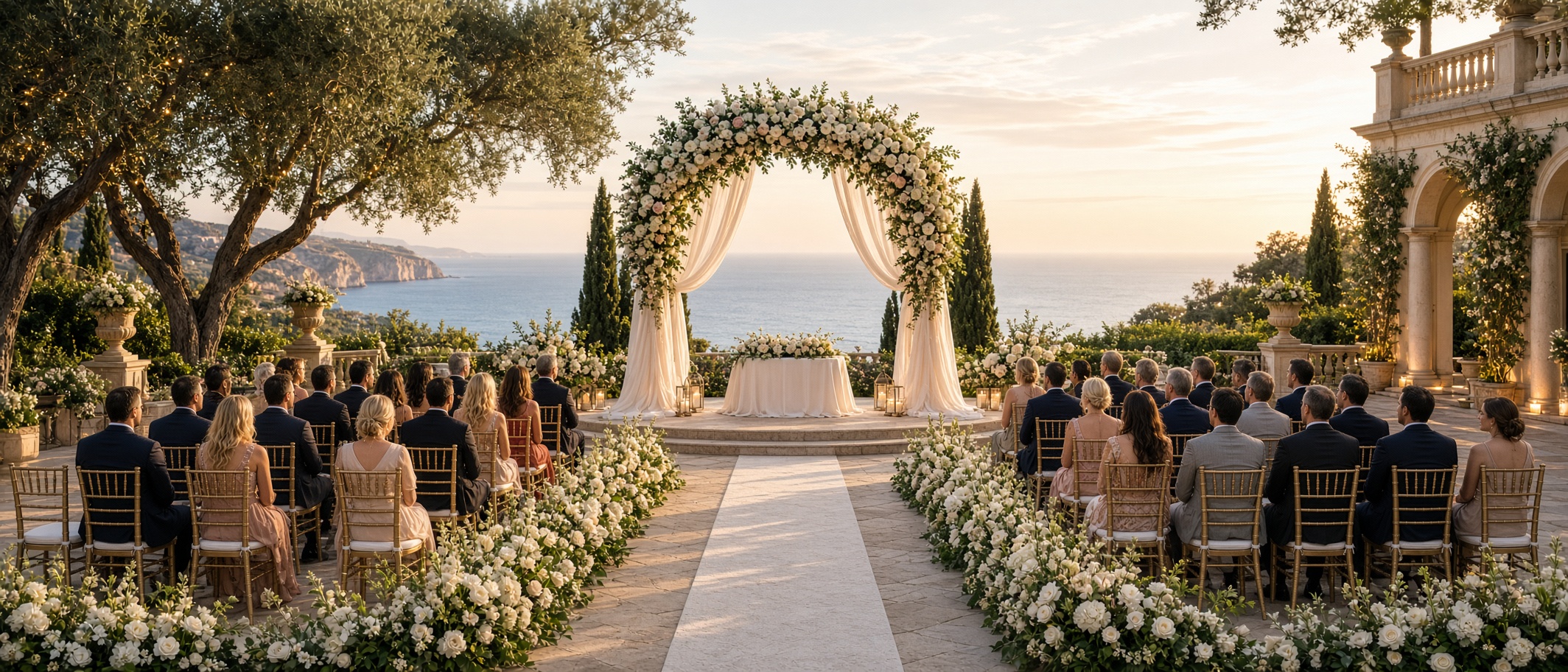 Luxury outdoor wedding ceremony overlooking the ocean