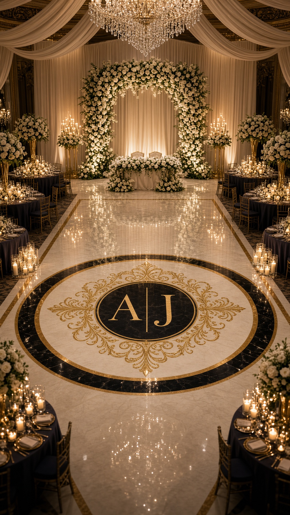 Luxury wedding reception dance floor with bride and groom