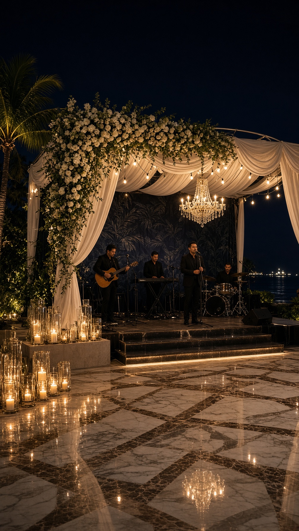 Professional band stage sound and lighting setup at a corporate event